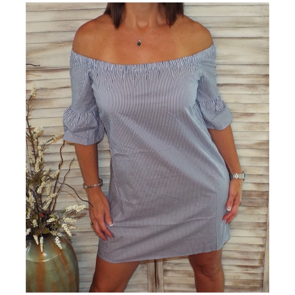 Off Shoulder Pin Striped Dress Blue White 1418 - Picture 2 of 8